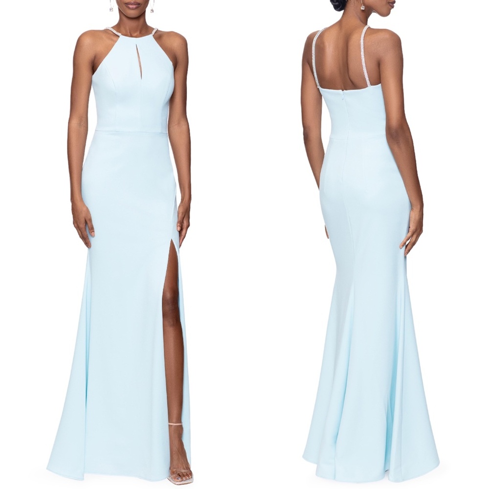 NEW XSCAPE Aqua KYHLE Rhinestone Trim Strap KEYHOLE Evening Dress MERMAID GOWN 2